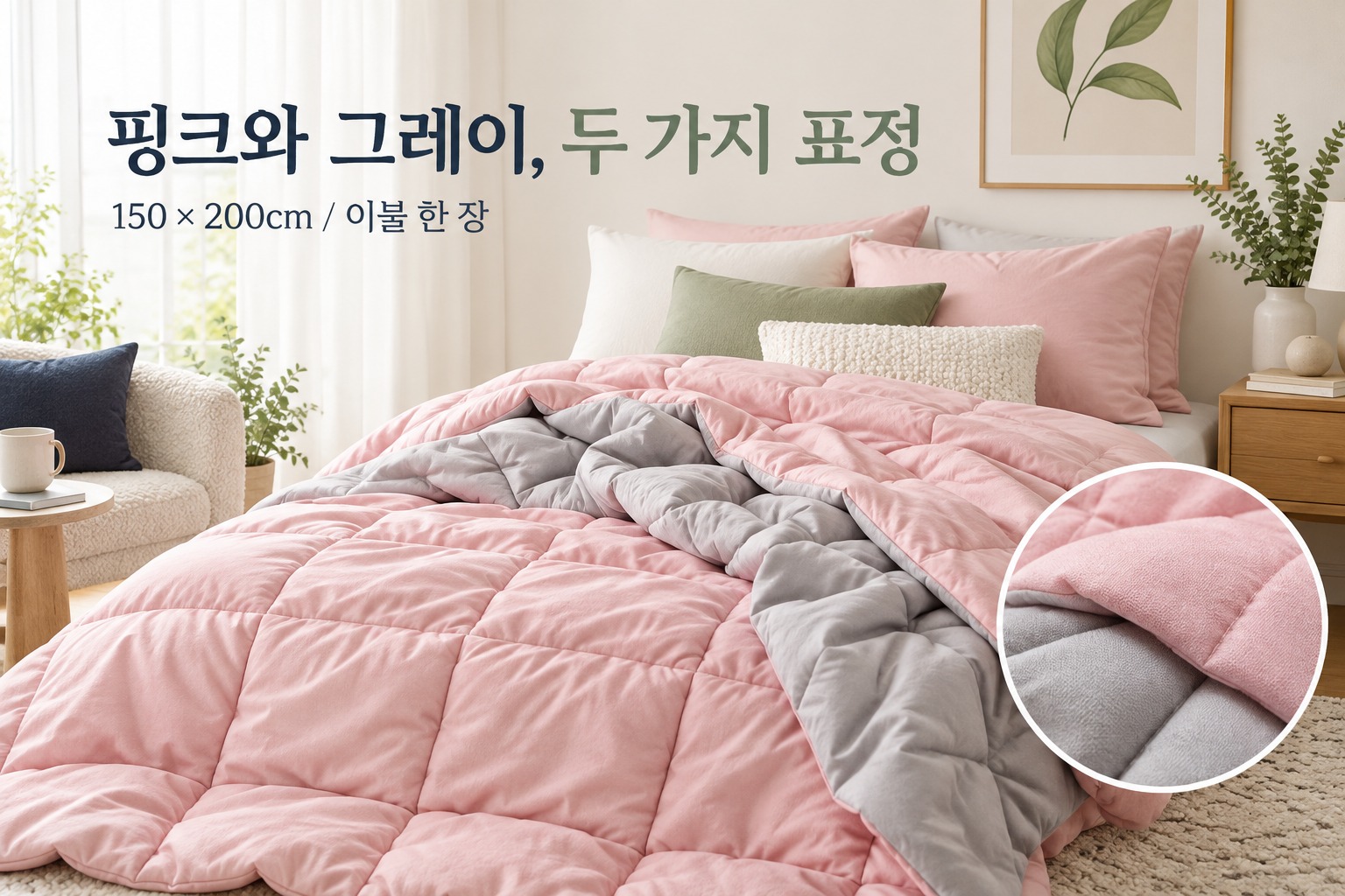 코멧 홈 양면 극세사 솔리드 · 핑크와 그레이, 두 가지 표정 · 코멧 극세사 이불