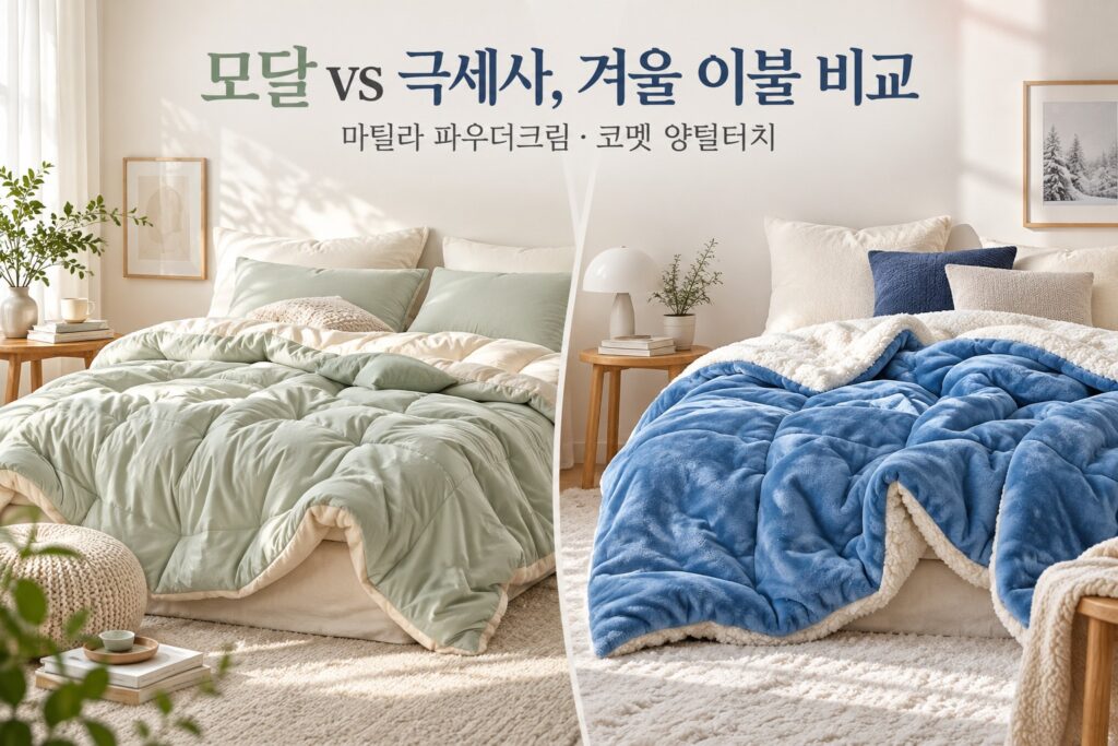 모달 vs 극세사, 겨울 이불 비교 · 침실 사용 상황