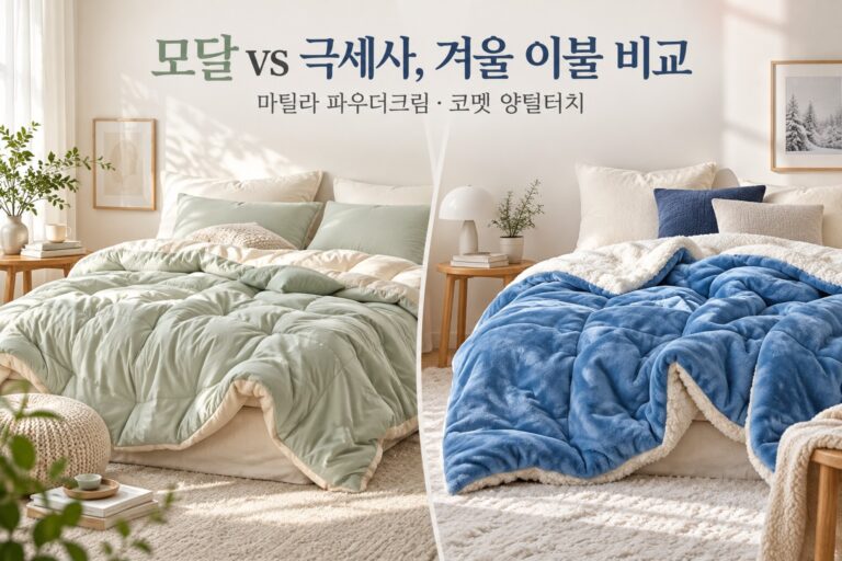모달 vs 극세사, 겨울 이불 비교 · 침실 사용 상황