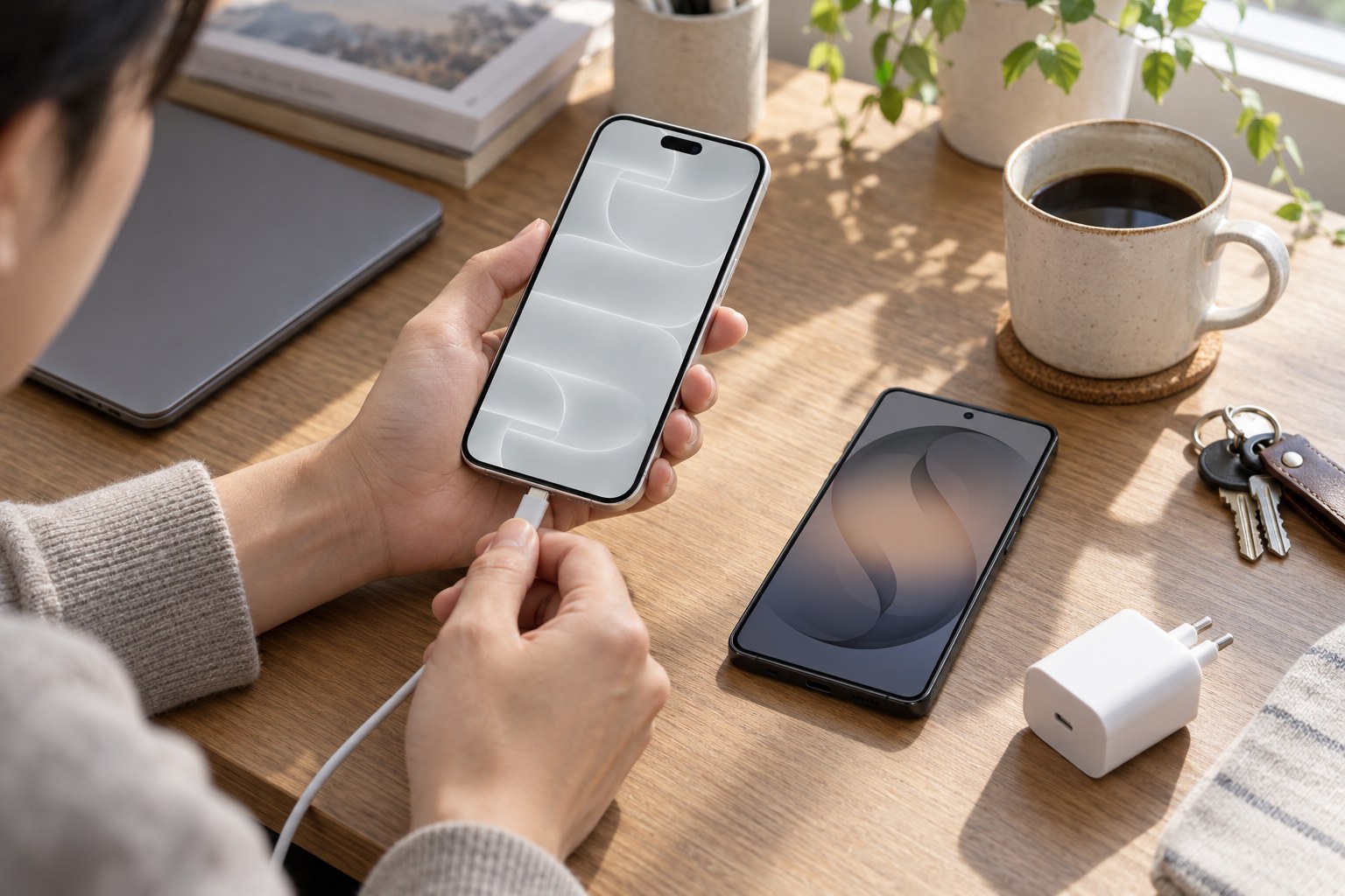 휴대폰과 USB-C 충전기를 준비하는 아침 책상