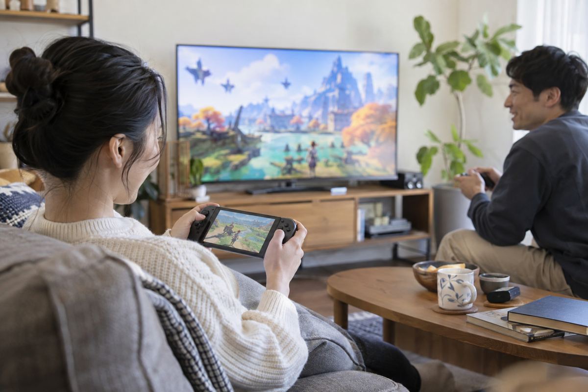 닌텐도 스위치 2 vs OLED 비교의 용도 판단을 위한 휴대 게임기와 TV 플레이를 선택하는 거실 상황