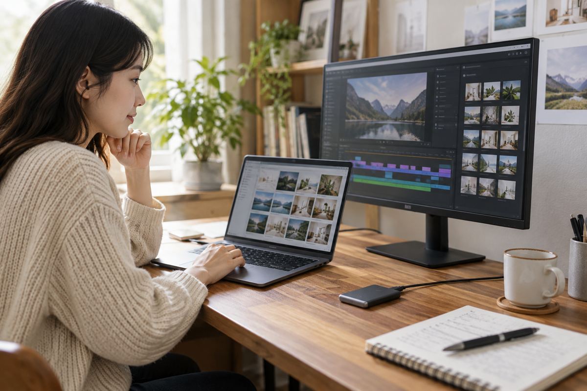 맥북 에어 M5 vs M4 비교의 용도 판단을 위한 노트북과 외장 SSD·모니터를 함께 사용하는 작업 환경