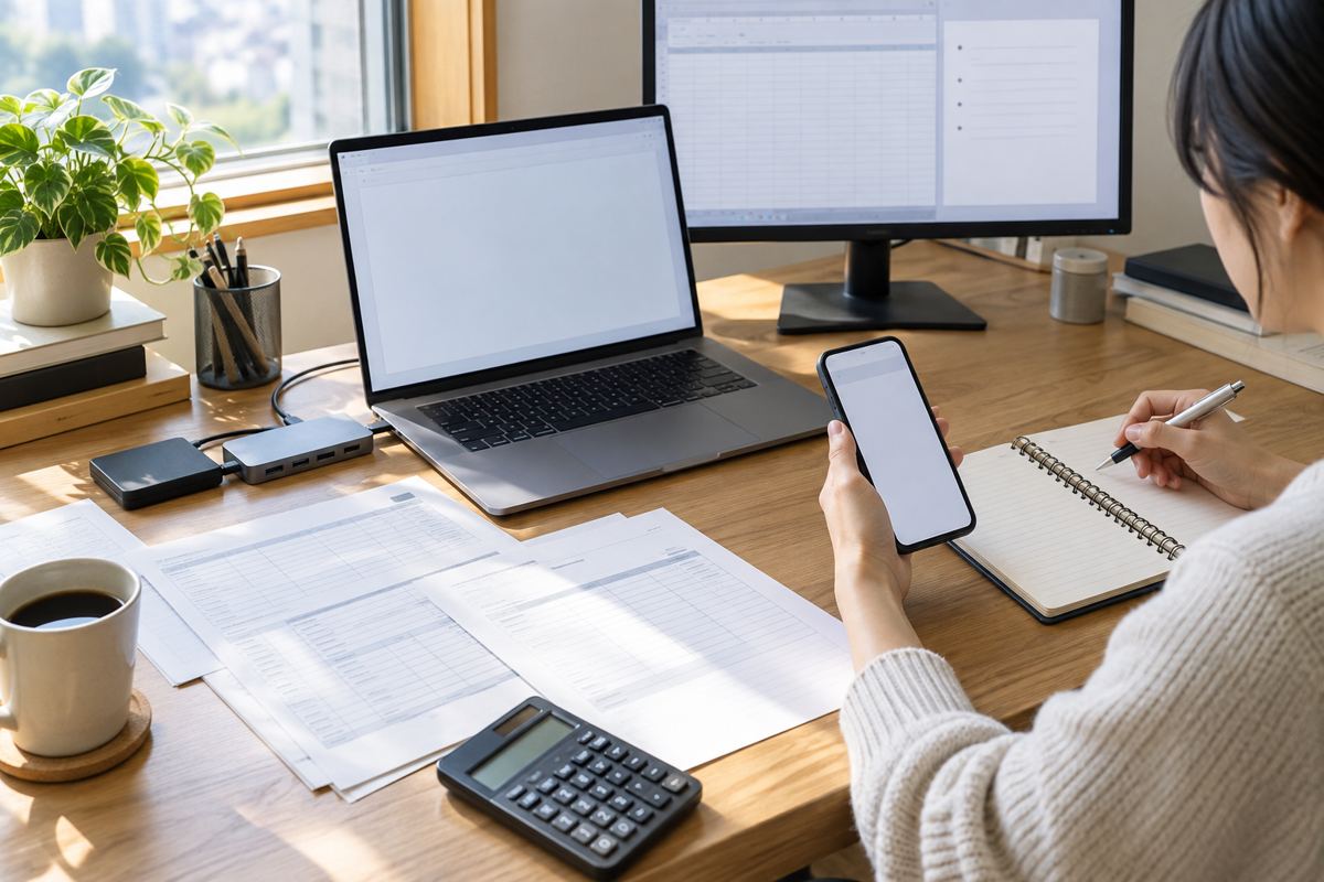 Microsoft 365 vs Office 2024의 선택 조건을 정리하기 위한 문서 프로그램과 주변기기를 사용하는 노트북 작업 환경