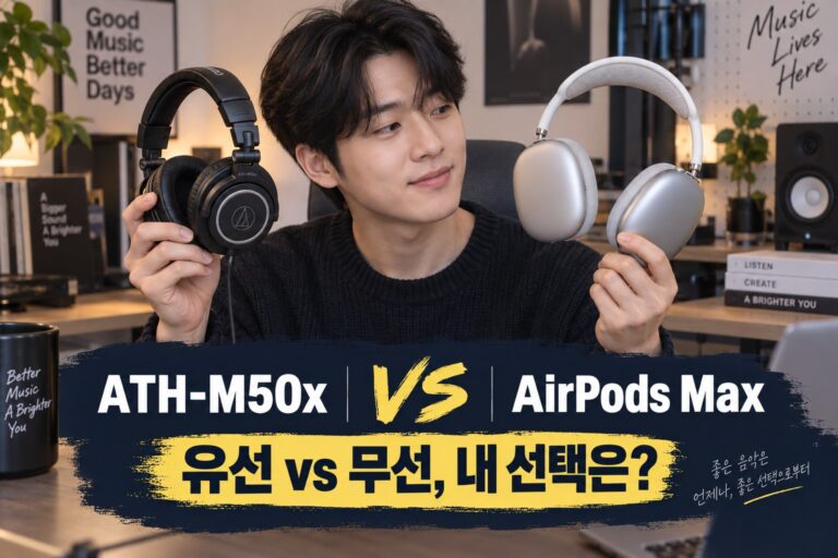헤드폰 추천·비교 | ATH-M50x와 AirPods Max 선택 기준 5가지 — AI 비교 연출 이미지