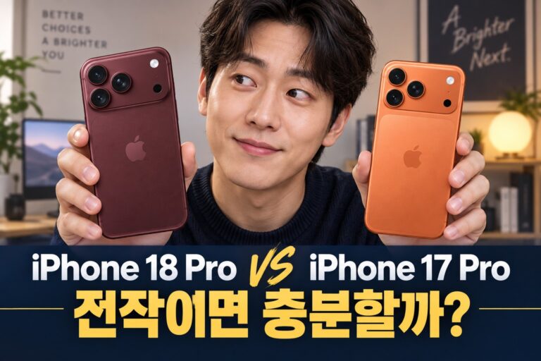 아이폰 18 Pro vs 17 Pro 비교 — 양손으로 두 제품을 비교하는 AI 연출 이미지
