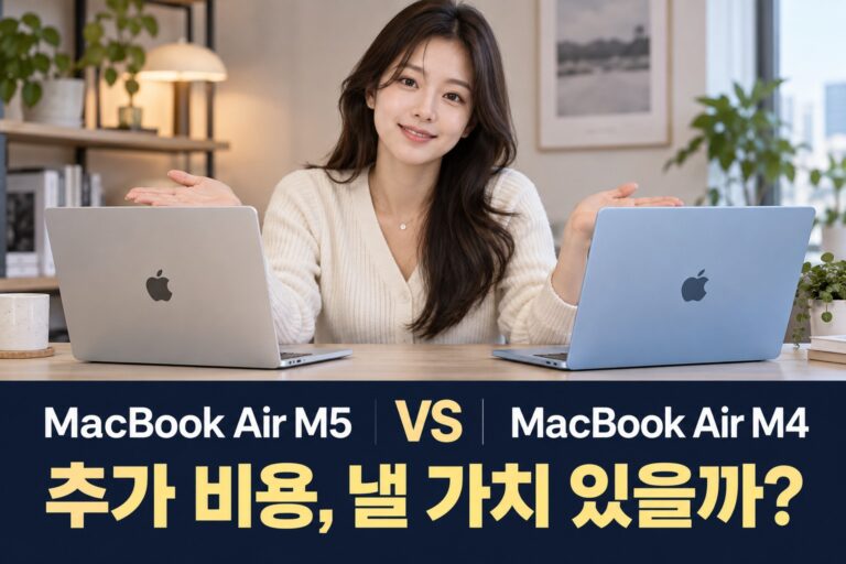 맥북 에어 M5 vs M4 비교 | 13인치 저장공간·연결·구매 비용 차이 — AI 비교 연출 이미지