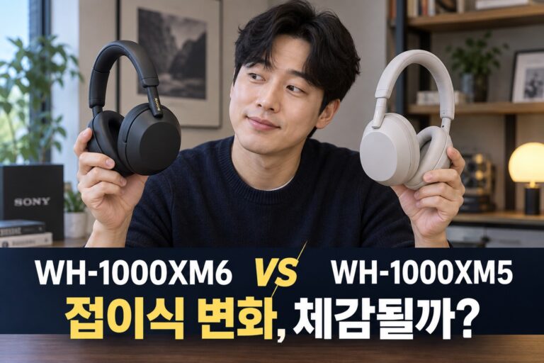 소니 WH-1000XM6 vs XM5 비교 | 접이식·노이즈 캔슬링·가격 차이 — AI 비교 연출 이미지