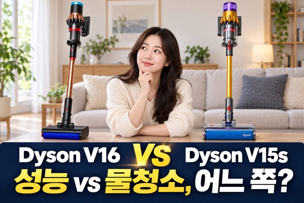다이슨 V16 vs V15s 비교 | 성능 개선·가격 차이, 교체할 가치가 있을까? — AI 비교 연출 이미지