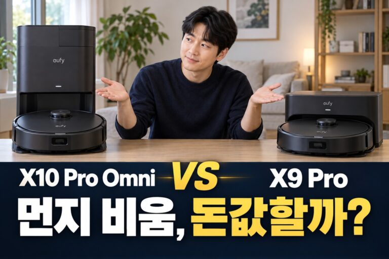 유피 X10 Pro Omni vs X9 Pro 비교 | 자동 먼지 비움이 필요한 집의 선택 — AI 비교 연출 이미지