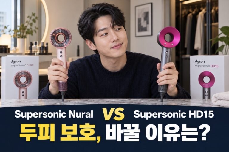 다이슨 슈퍼소닉 뉴럴 vs HD15 비교 | 두피 보호 모드·노즐 호환 차이 — AI 비교 연출 이미지