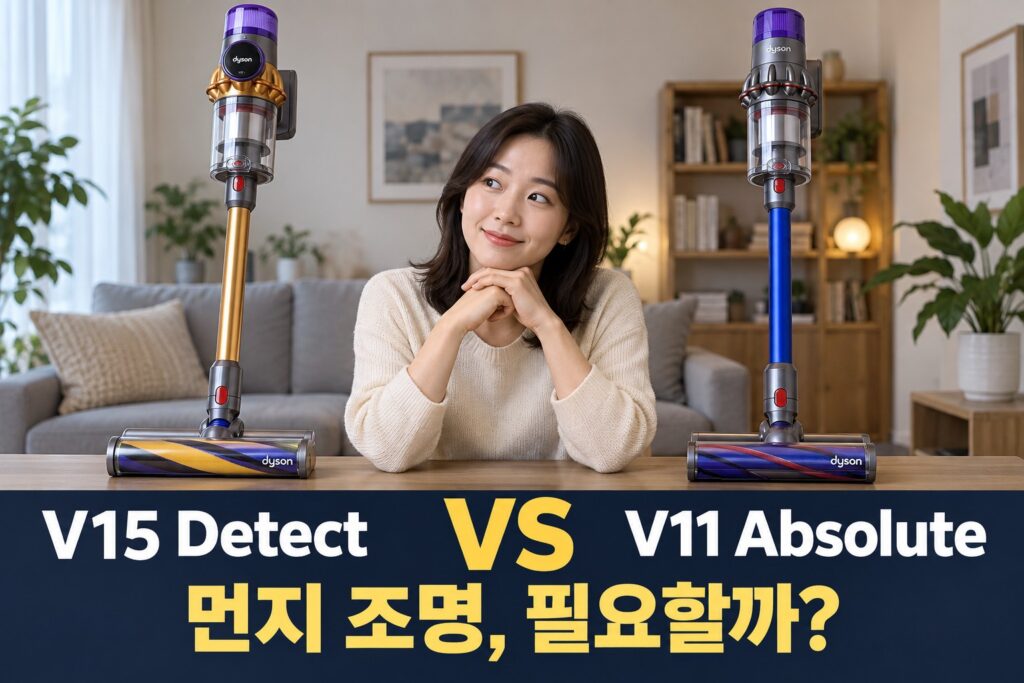 다이슨 V15 디텍트 vs V11 앱솔루트 비교 | 먼지 조명·센서와 교체 판단 — AI 비교 연출 이미지