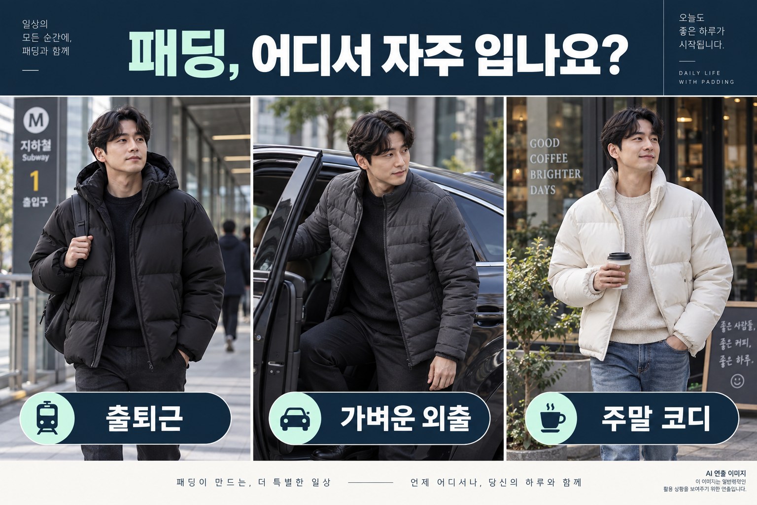 출퇴근, 자동차를 이용한 외출, 주말 코디에 따른 패딩 선택 예시