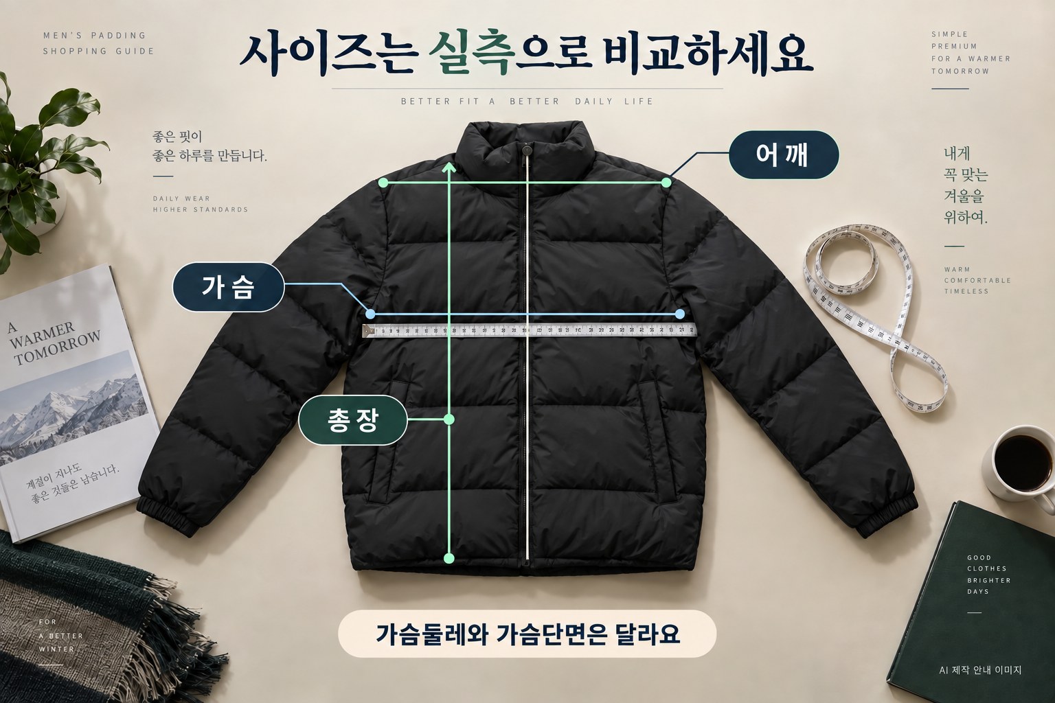 남자 패딩 어깨·가슴·총장 측정 위치